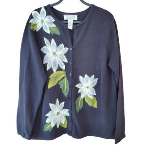 Vintage Tiera Christmas Sweater Floral Embroidered Beaded Sequin 2x Black